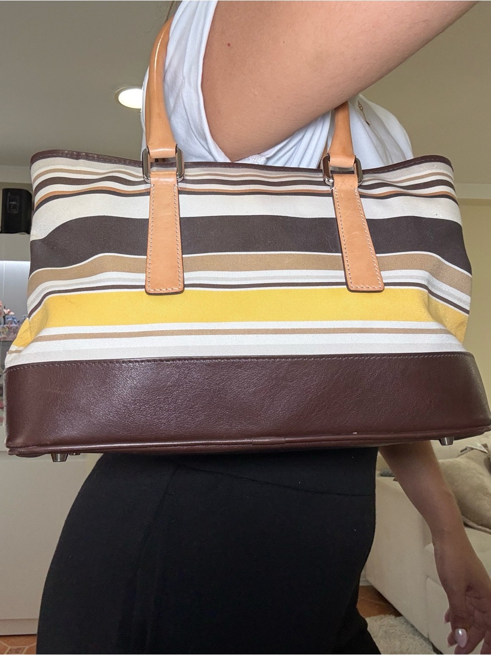 Vintage Coach Striped Brown Tan Beige Yellow Satchel Top Handle Bag Zip vintage - Picture 7 of 8